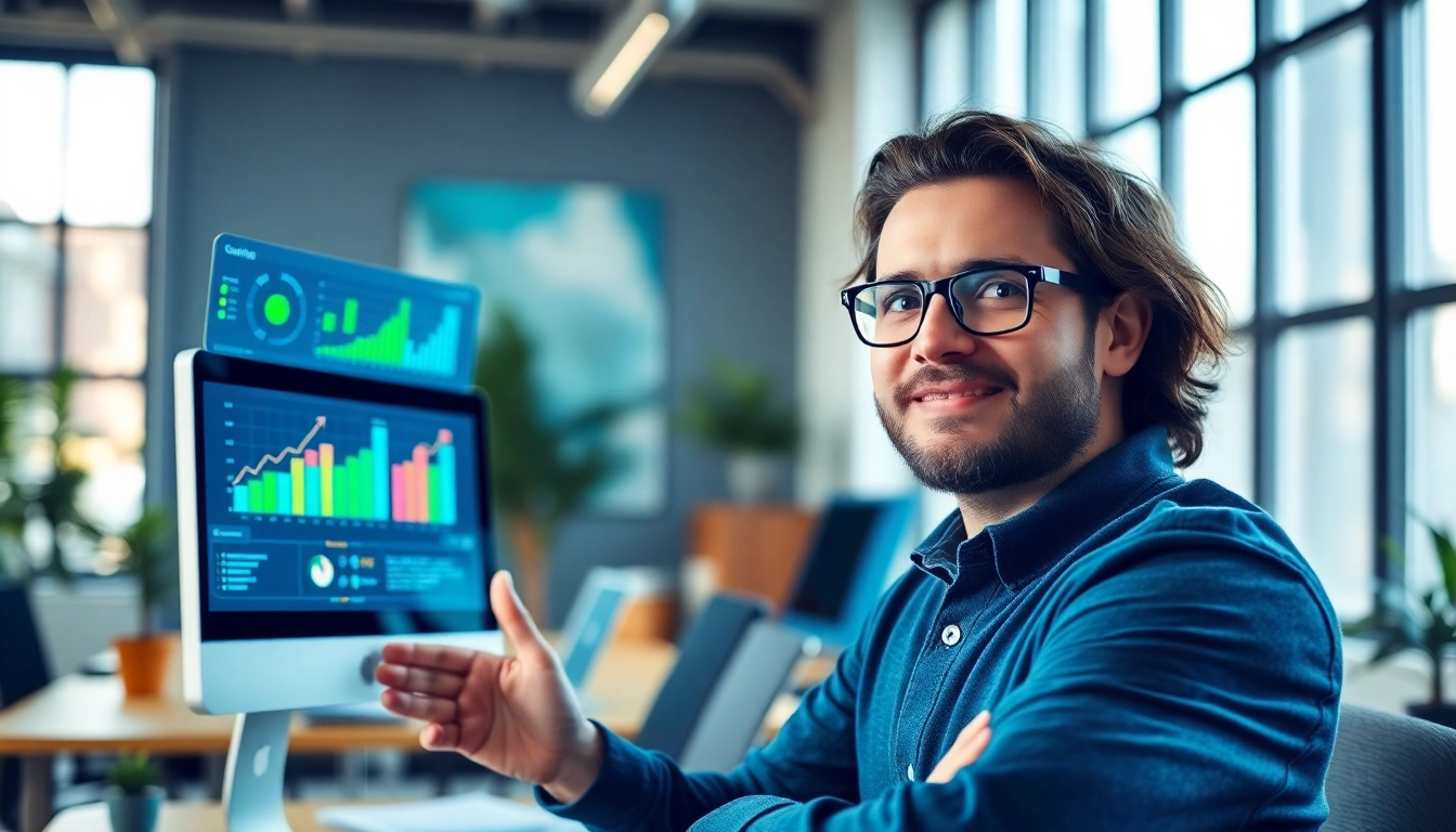 Motivated individual using AI tools to achieve their goals with AI in a modern workspace.