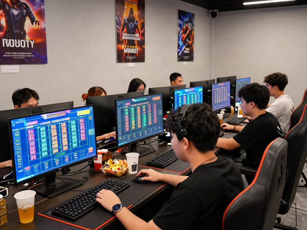 Individuals enjoying togel online gameplay in a vibrant gaming lounge.
