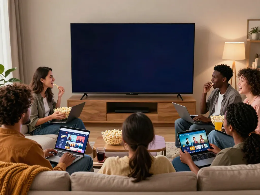 Group of friends enjoying a movie night while using ZoeChip streaming services in a cozy living room.