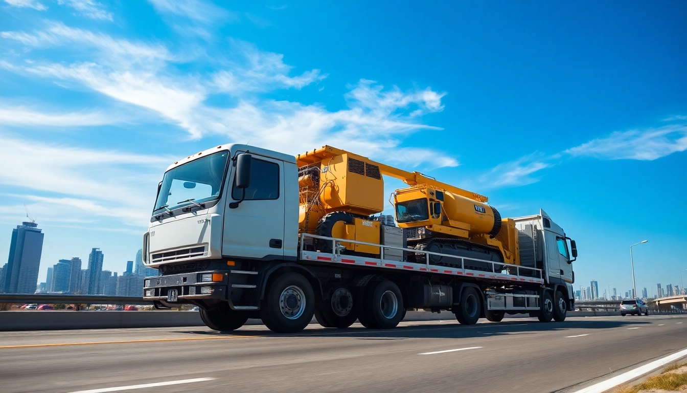 Visualize equipment hailing with a loaded flatbed truck transporting heavy machinery on a busy highway.