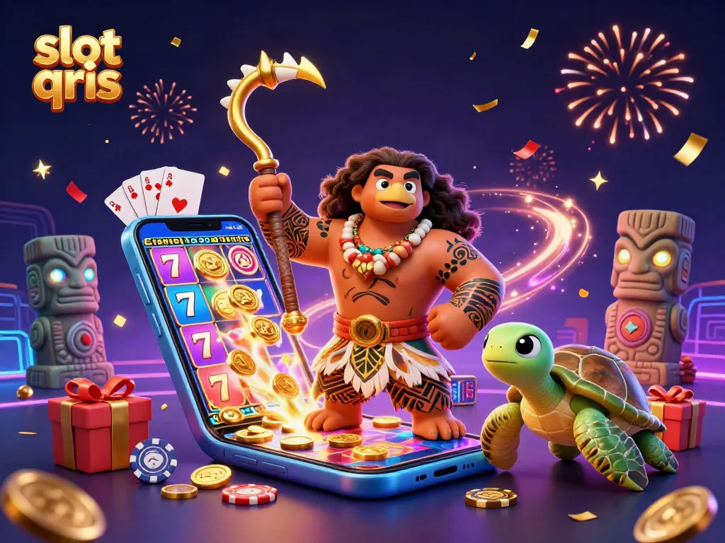 Unleash thrilling slot qris excitement with vibrant 3D illustration featuring cartoon characters and casino elements.