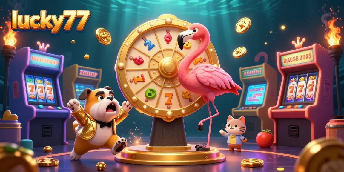Engage in exciting gameplay with lucky77 as the flamingo host spins for prizes amidst vibrant game machines.