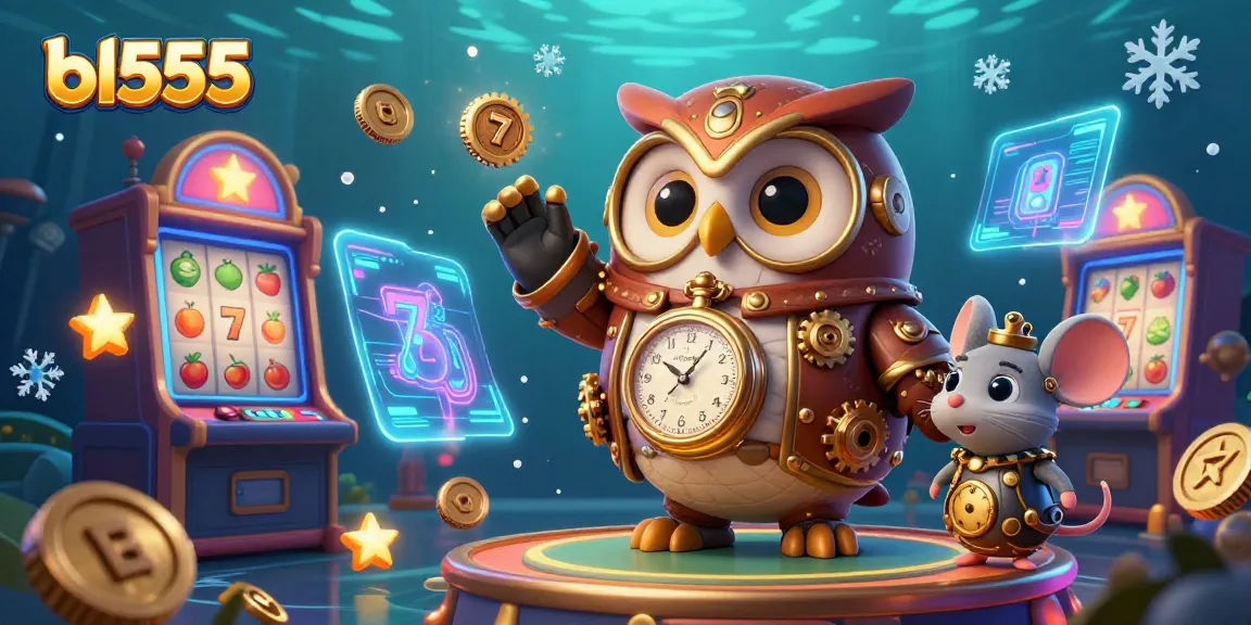 Experience the excitement at bl555 with a steampunk owl and vibrant slot machines in this dazzling casino illustration.