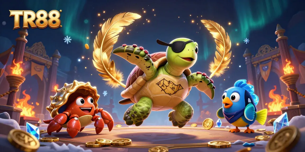Experience thrilling gaming at TR88 with a lively 3D illustration of a pirate turtle and marine friends.