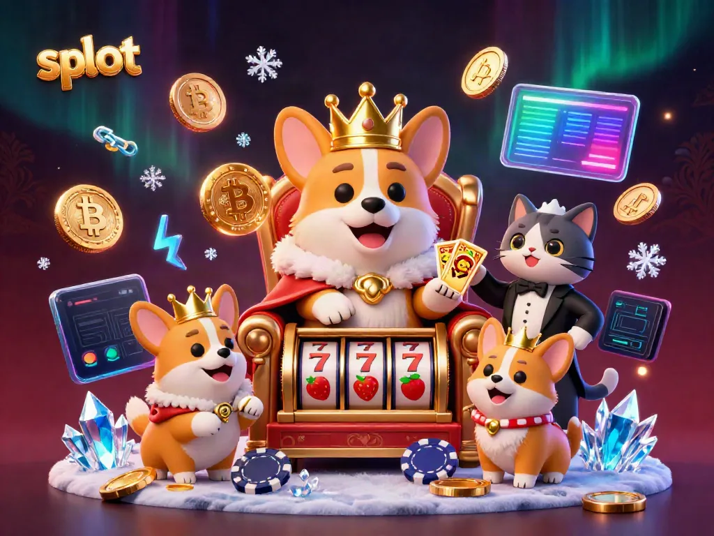 Slot yang penuh warna dengan korgi kerajaan duduk di atas tumpukan chip, dikelilingi simbol mesin slot dan koin cryptocurrency.