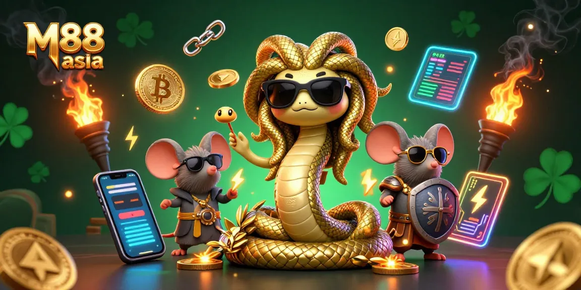 M88 asia features a lively scene with Medusa and a warrior mouse amidst crypto and casino elements.