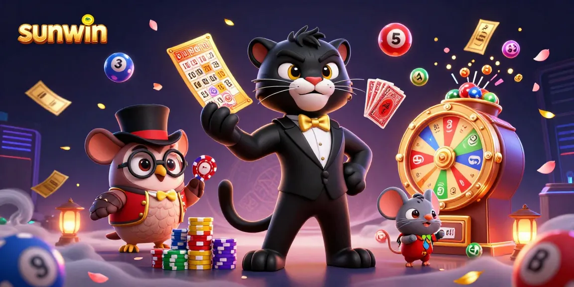 Engage in thrilling games with sunwin, where a stylish panther showcases card-dealing skills amid vibrant lottery elements.