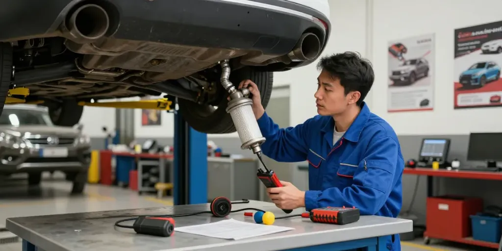 Mechaniker bei der DPF Reinigung in einer professionellen Werkstatt