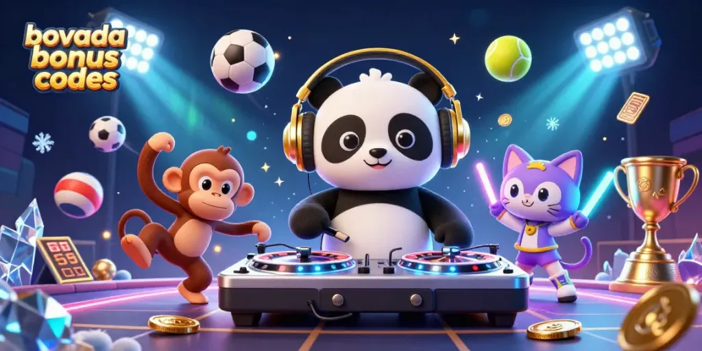 Engage with Bovada bonus codes in a vibrant 3D casino-themed illustration featuring a DJ panda and breakdancing monkey.