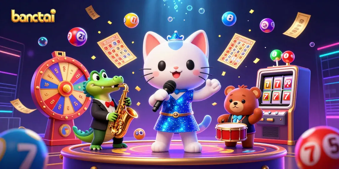 Bancatai showcases a vibrant casino scene with a jazzy cat, crocodile, and bear amidst dynamic gaming elements.