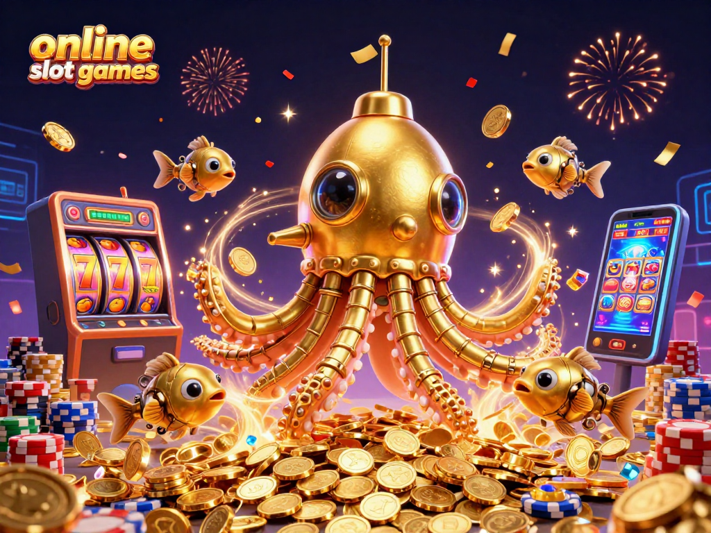 Experience thrilling online slot games with a golden kraken submarine amidst coins and colorful graphics.