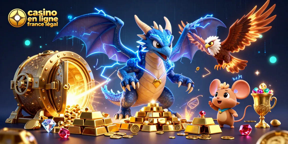 Illustration captivante de casino en ligne légal en France avec dragon et trésors scintillants.