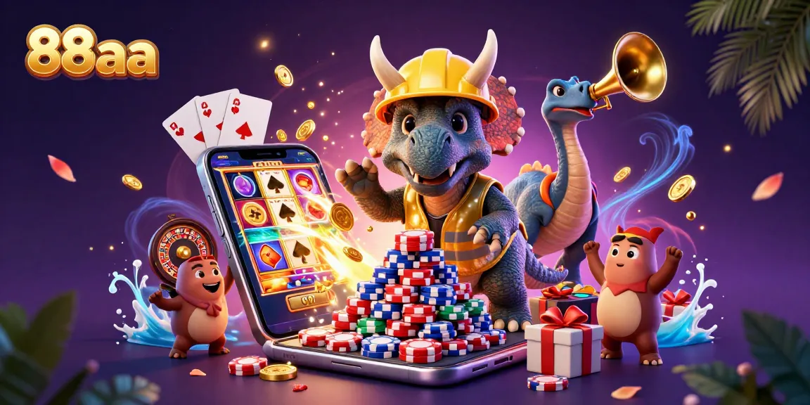 88aa showcases a lively celebration of gaming, highlighting poker chips and colorful slot games.