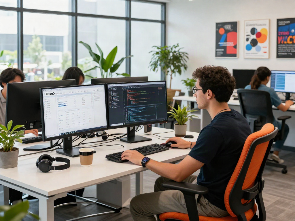 Developer engaging with CrushOn software at a collaborative tech workspace, showcasing innovation and collaboration.