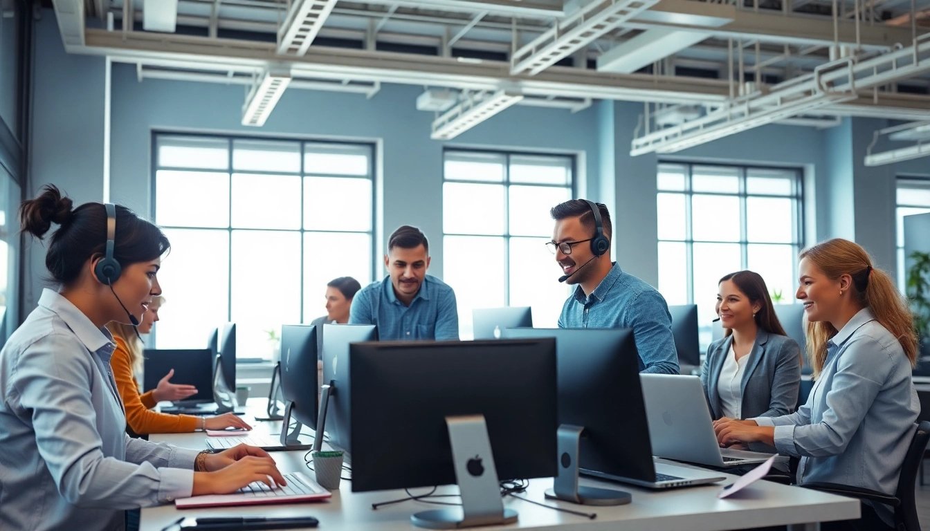 IT support businesses collaborating in a modern office setting, showcasing teamwork and technology.