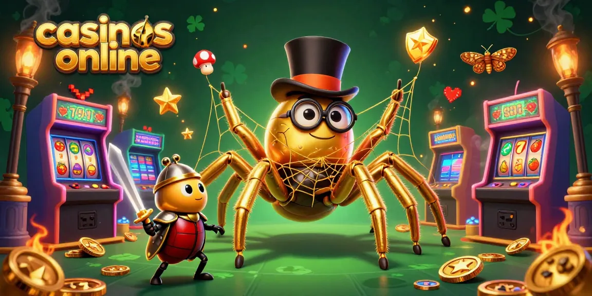 Engage with casinos online featuring a golden tarantula, knight, and vibrant gaming elements.
