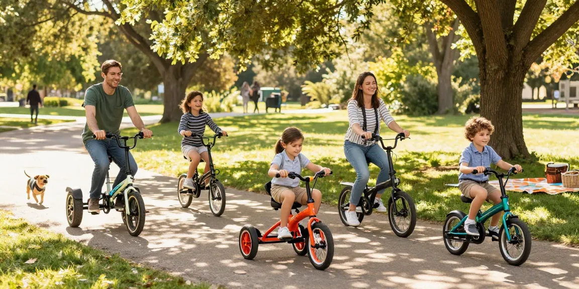 The best electric tricycles in use as a diverse family enjoys a sunny day at the park.