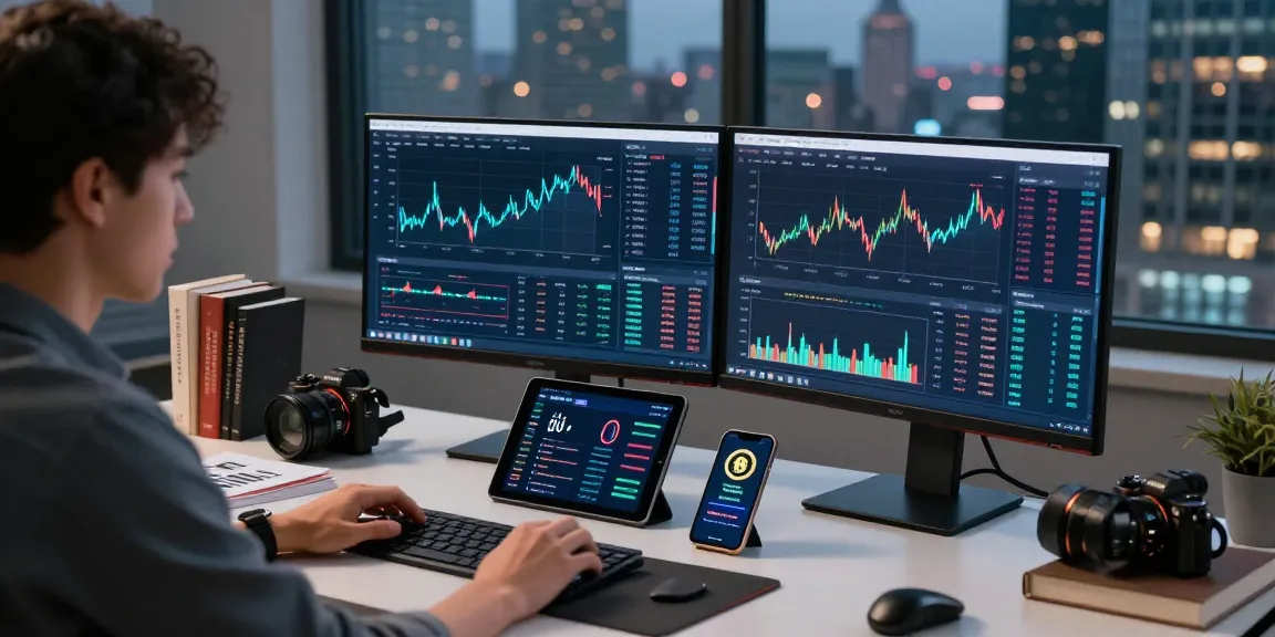 AiCoin 用户在现代办公环境中分析加密货币数据，展现专业行情与数据终端功能
