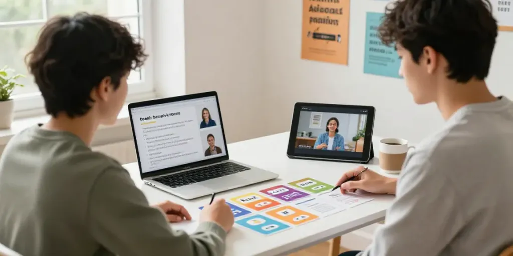 Student participating in an online English course at home, focused on interactive materials related to Situs toto learning.