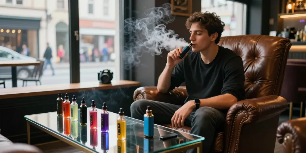 Enjoying salt nic vapes in a stylish vaping lounge with colorful e-liquids.