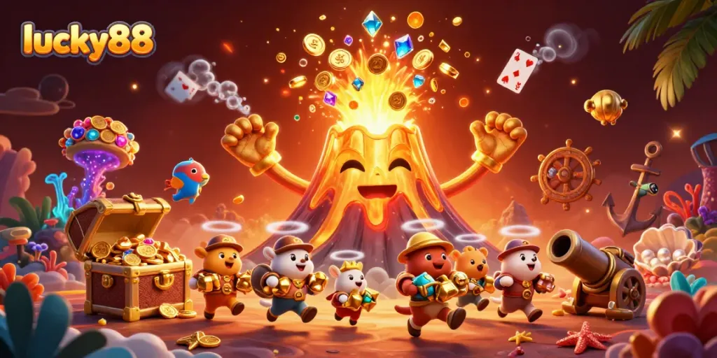 Experience thrilling gaming at lucky88, where vibrant treasure erupts from a golden volcano in a stunning 3D casino illustration.