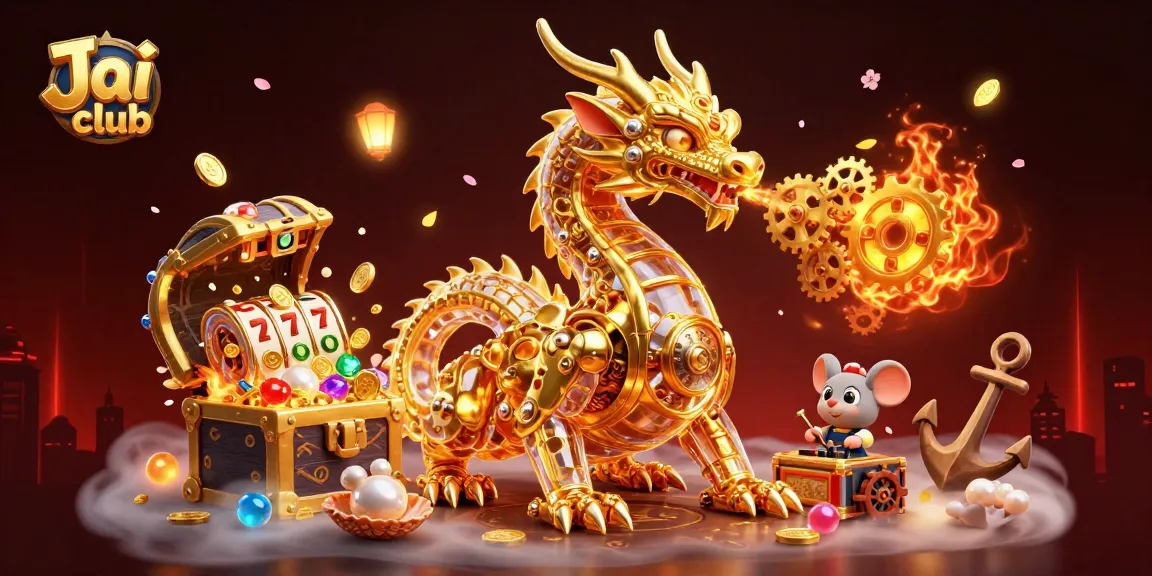 Engage with Jai club’s thrilling slot games featuring a biomechanical dragon amidst a treasure-filled underwater scene.