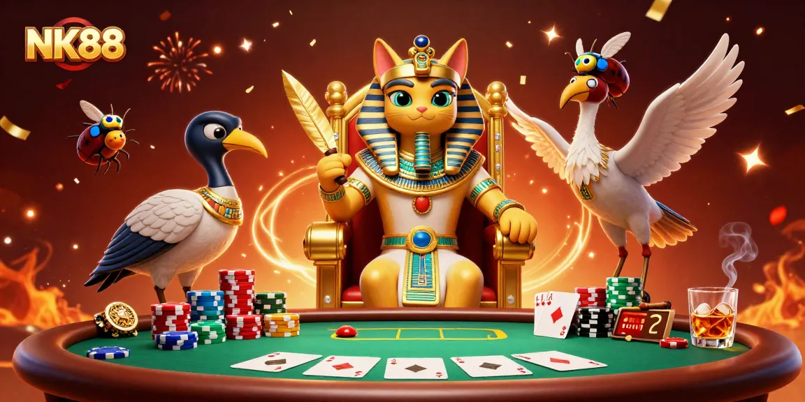 Experience the thrilling atmosphere of NK88 casino with colorful poker action and celebratory elements.