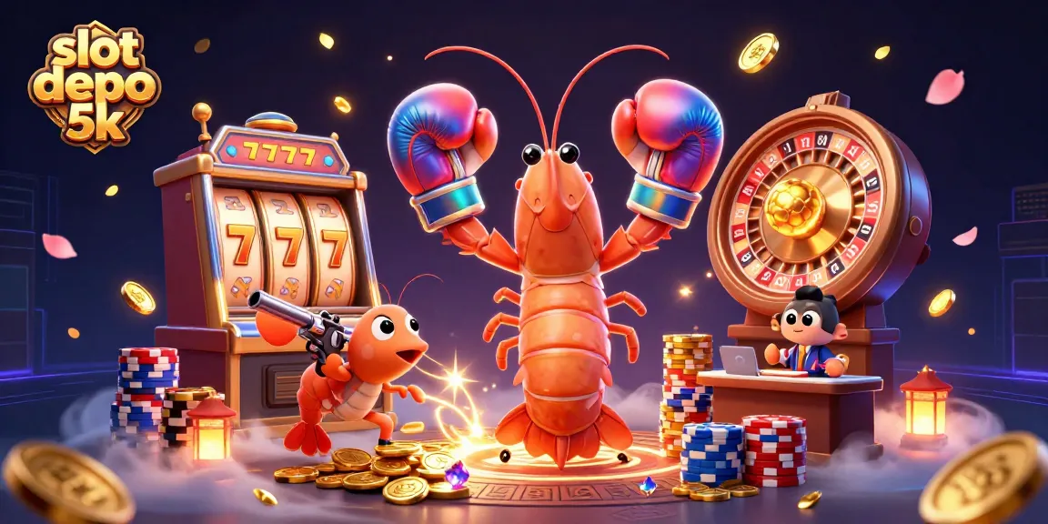 Slot depo 5k menampilkan karakter samudera dan elemen kasino yang meriah, diramaikan oleh koin emas dan permainan slot.