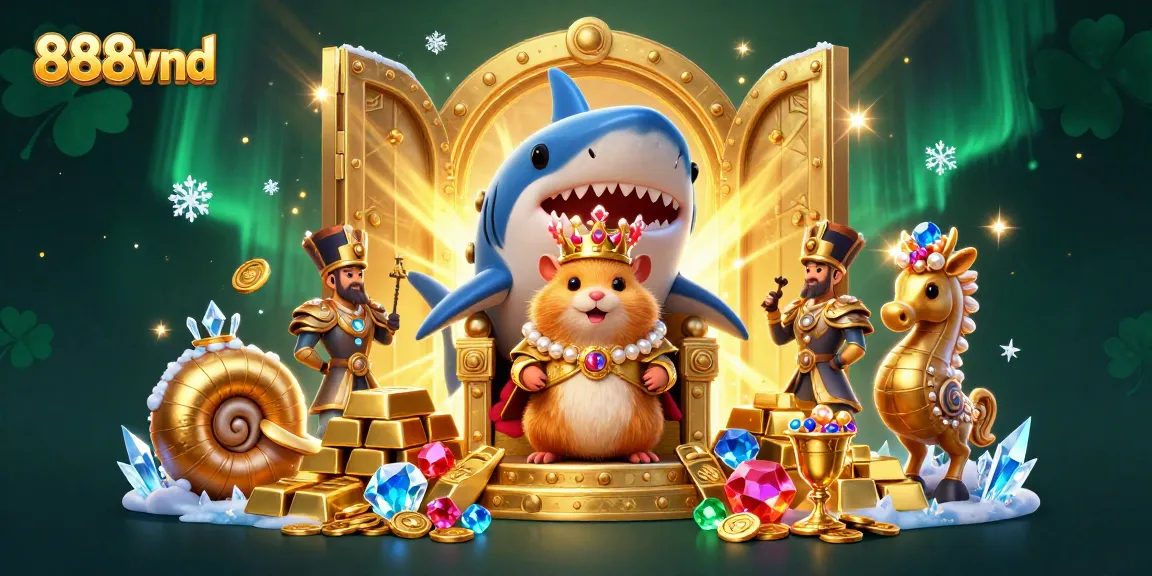 Experience the thrill of 888vnd casino with a vibrant 3D illustration of a hamster king surrounded by treasure.