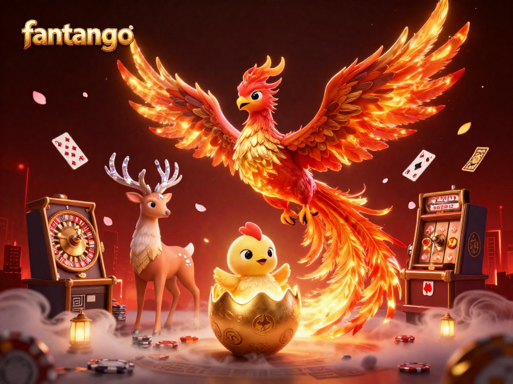 Engage with fantango's thrilling gameplay as a fire phoenix rises amidst a casino scene full of action.