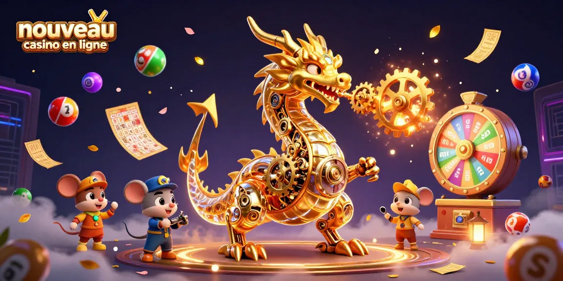 Visualisez l'univers d'un nouveau casino en ligne avec un dragon mécanique doré entouré d'éléments de jeux vibrant.