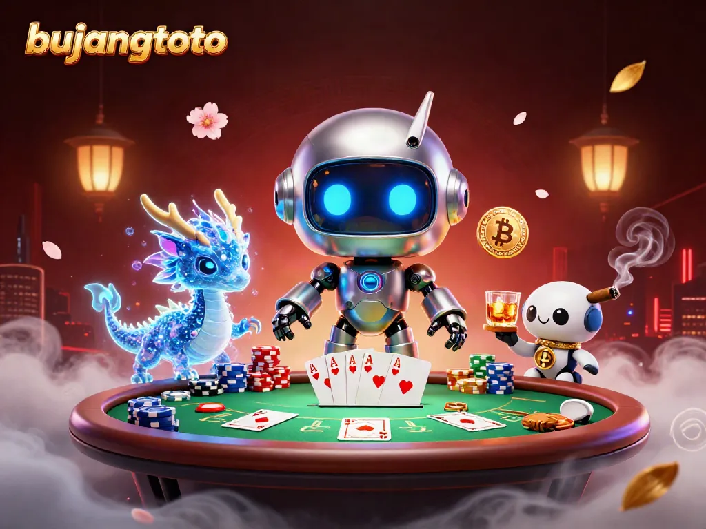 Bujangtoto's vibrant poker scene shows a cyberpunk robot and AI companions, capturing digital gaming excitement.