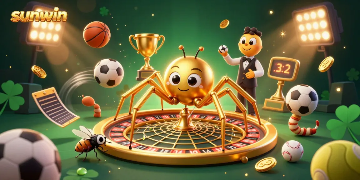 Engage with sunwin in a thrilling 3D casino scene showcasing betting excitement with a golden spider and sports elements.
