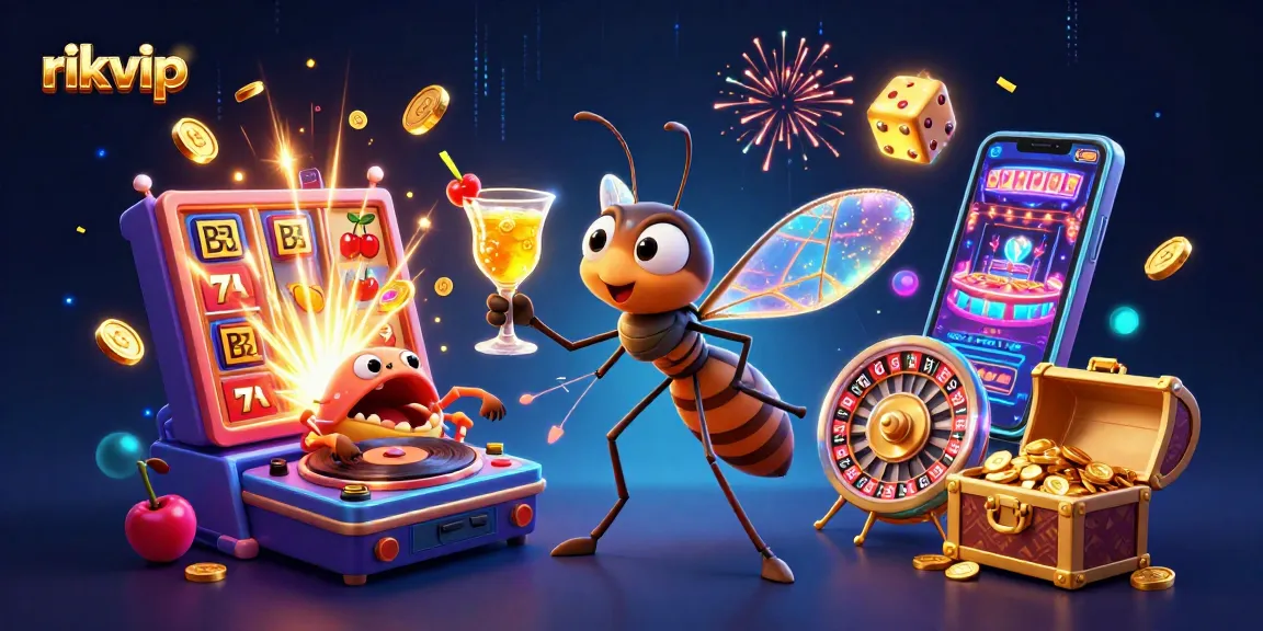 Experience the excitement of rikvip with a festive scene of lively casino characters and gambling elements.
