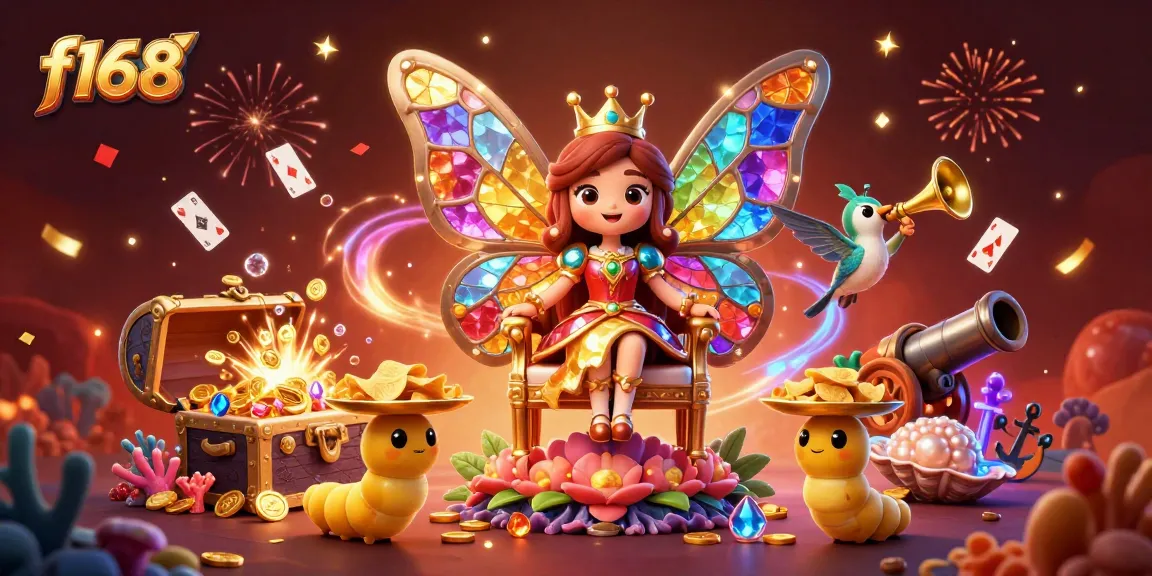 Experience thrilling gameplay at f168 with cartoon characters amidst a rich casino illustration.