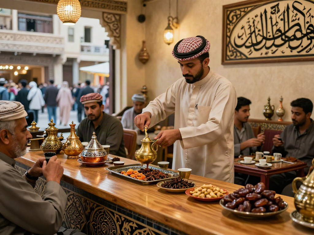 قھوجي وصبابین الریاض في مقهى تقليدي مع حوارات اجتماعية ودلال نحاسية.