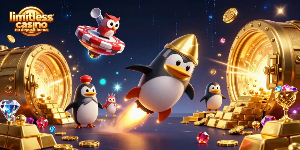 Engage with the limitless casino no deposit bonus through a vibrant illustration featuring a golden penguin and treasure vault.