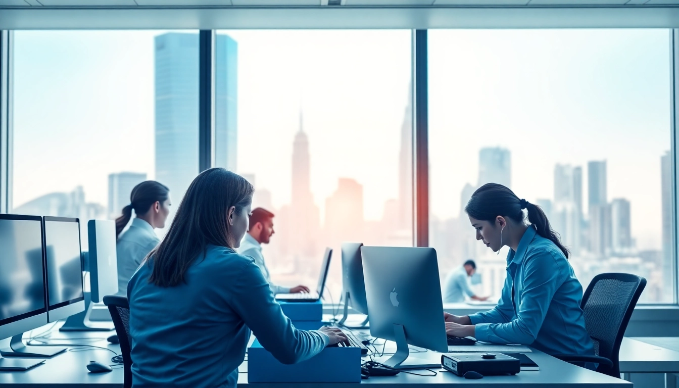 Delivering IT helpdesk services London with technicians assisting clients in a modern office setting.