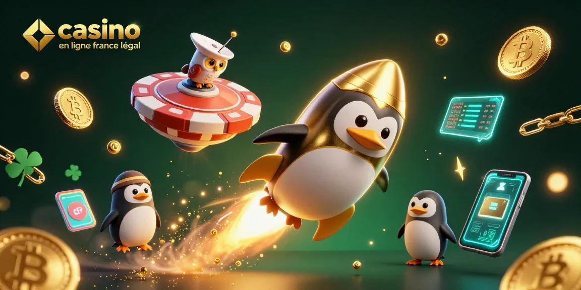 Profitez de l’expérience immersive du casino en ligne France légal avec un pingouin doré propulsé et des pièces dorées.