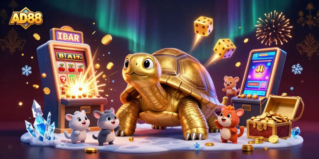 Experience thrilling gaming at AD88 with a vibrant illustration of a colossal golden tortoise and slot machines.