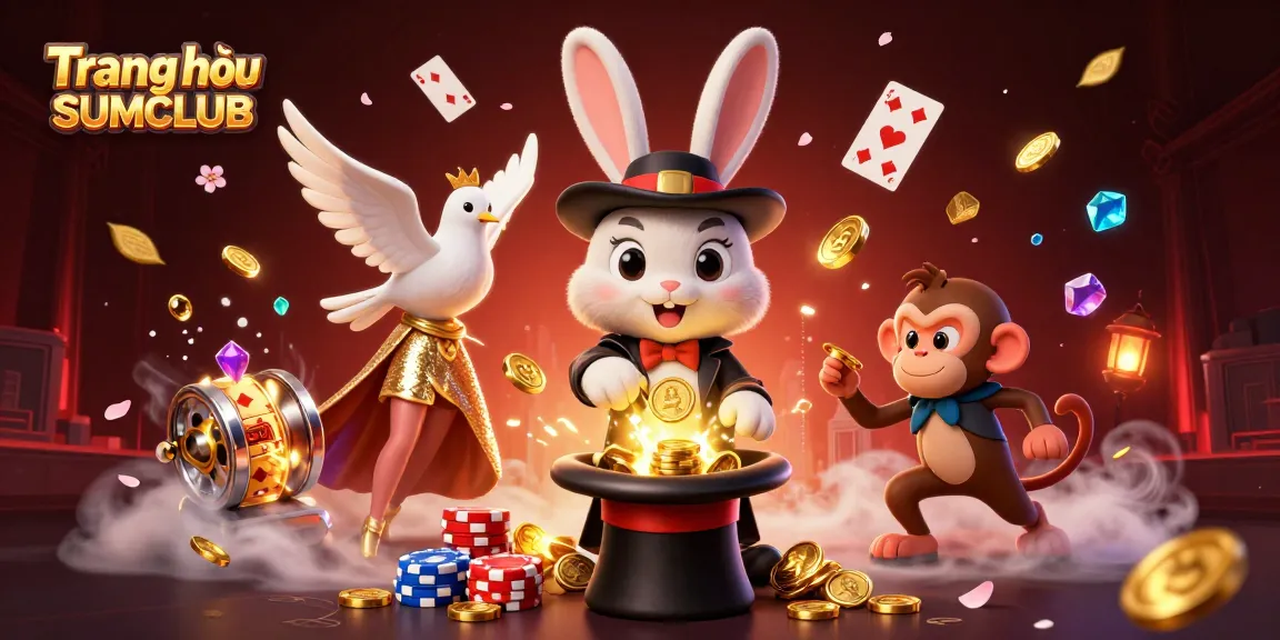 Engage in vibrant casino magic at Trang chủ SUMCLUB with a whimsical scene featuring a rabbit magician, dove, and monkey amidst colorful gaming treasures.