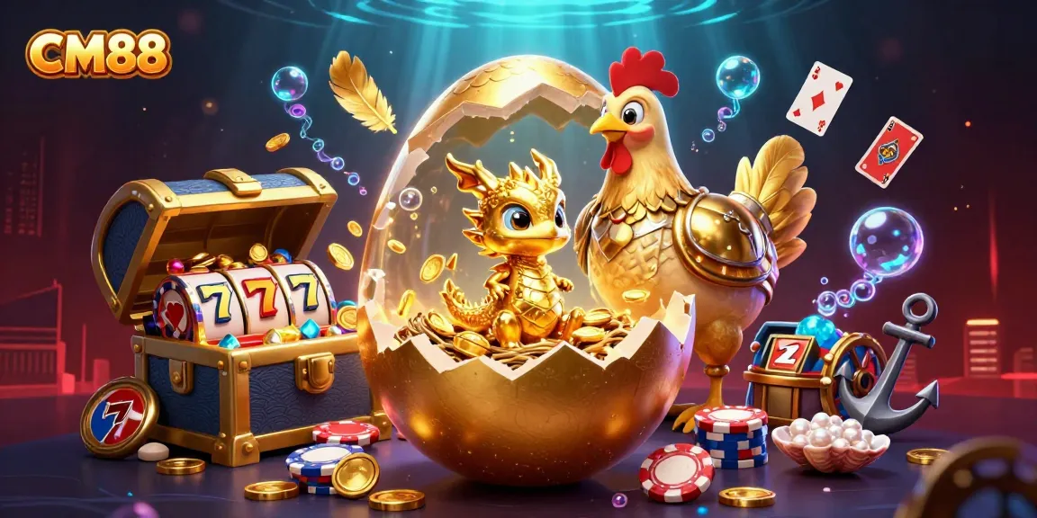 Win big at CM88 with a golden dragon, slot reels, and a treasure-filled scene!