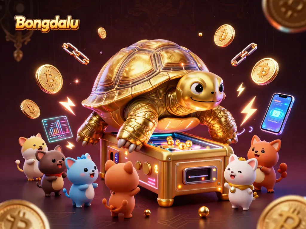 Bongdalu's vibrant gambling scene with a colossal tortoise pinball machine and crypto elements.