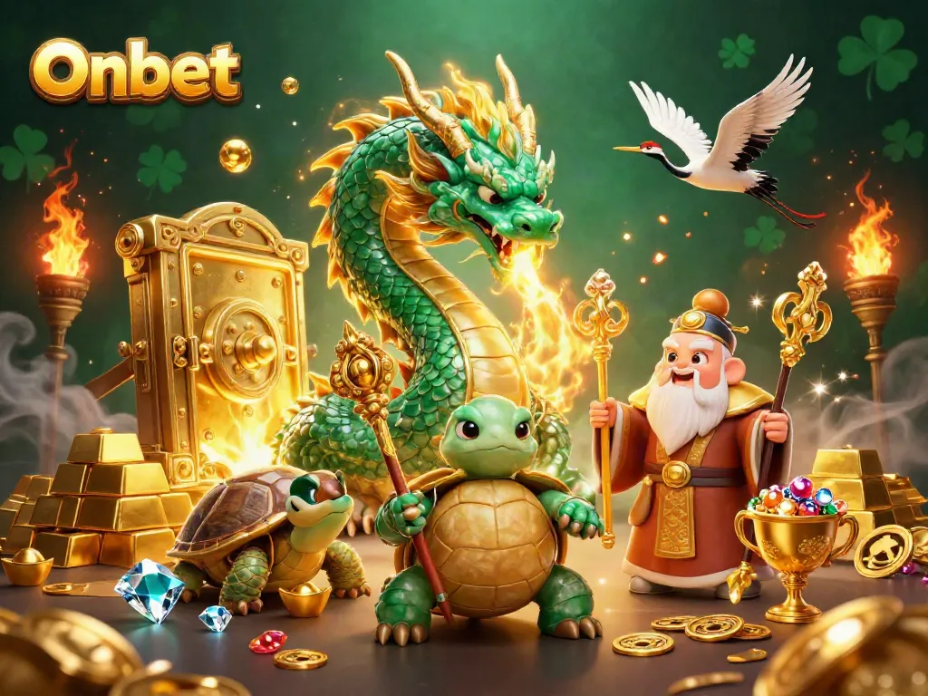 Experience Onbet's thrilling gaming adventure with a jade dragon, turtle sage, and lucky cranes.
