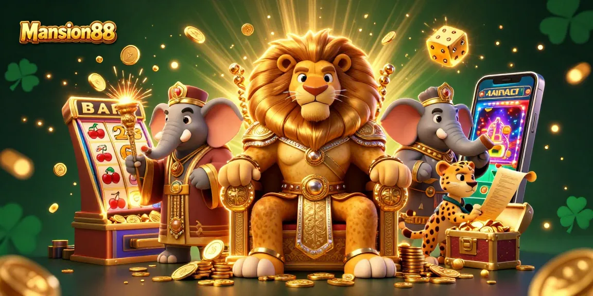 Mansion88 showcases a thrilling 3D scene with a lion king, elephant advisor, and cheetah featuring vibrant casino elements.