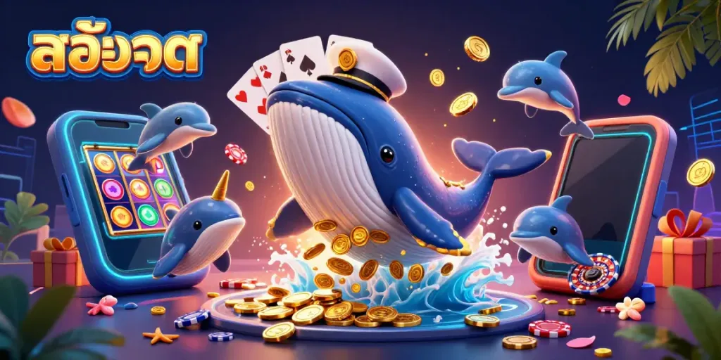 Experience the excitement of สล็อต with a 3D whale breaching through coins alongside a narwhal and playful dolphins.