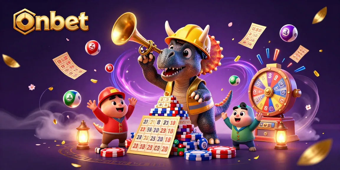 Cheerful triceratops builds a poker chip pyramid at onbet, surrounded by festive gaming elements.