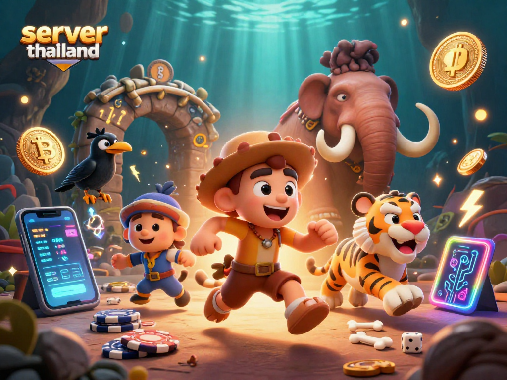 Experience the thrills at server thailand with a prehistoric casino themed illustration featuring animated characters and crypto elements.