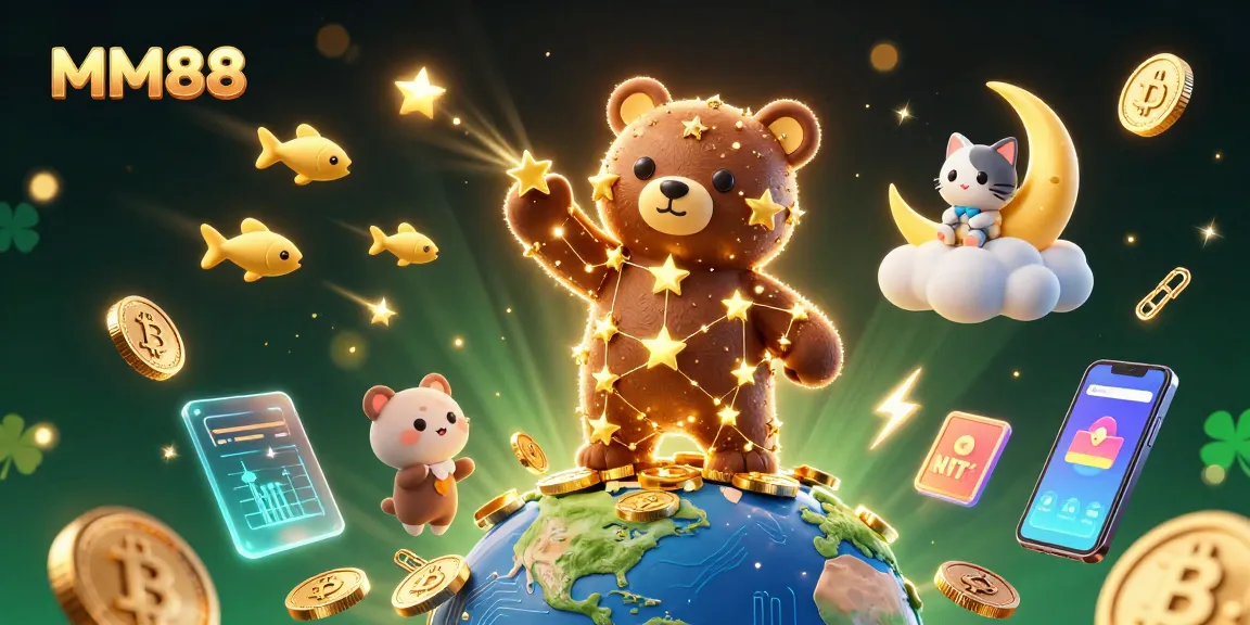 Engage with MM88's vibrant gaming experience featuring 3D stars, coins, and crypto elements
