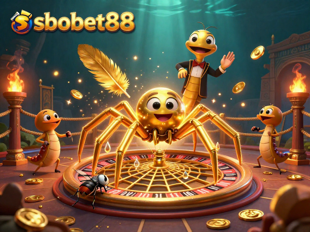 Engage with sbobet88 as a fly places bets nervously while a golden spider spins a roulette wheel web.